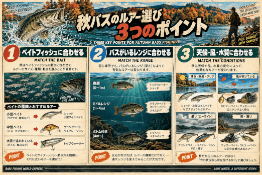 秋バスのルアー選びで重要なベイト・レンジ・天候や風、水質の3つのポイントを解説した図解