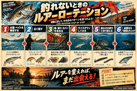 秋バスが釣れないときのルアーローテーションをベイト確認から深場攻略まで6段階で解説した図解