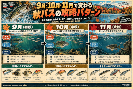 秋バス攻略を9月・10月・11月の季節進行とバスのレンジ、おすすめルアーで比較した図解