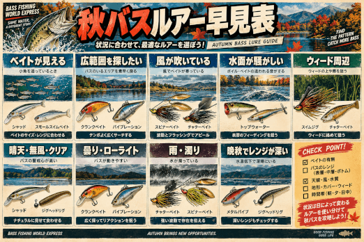 秋バスルアーの選び方をベイト・風・水質・ウィード・天候・レンジ別にまとめた早見表