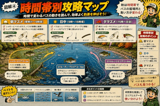 秋バスの時間帯別攻略マップ|朝・昼・夕方の居場所とおすすめルアーを解説した図解