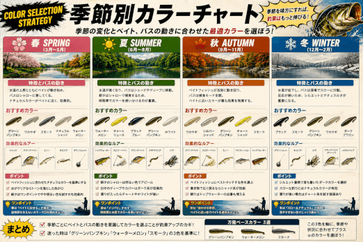 春夏秋冬の季節ごとにおすすめのルアーカラーをまとめたカラーチャート。