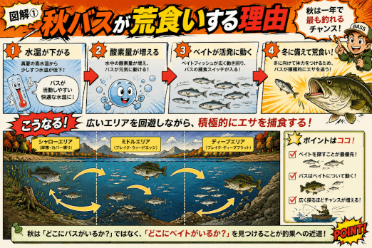 秋バスが荒食いする理由を水温・酸素量・ベイトフィッシュの動きから解説した図解