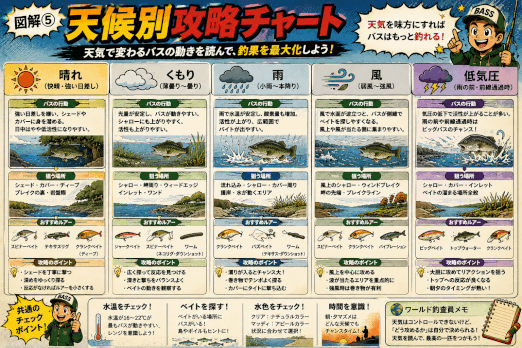 秋バスの天候別攻略チャート|晴れ・曇り・雨・風・低気圧ごとの釣り方を解説した図解