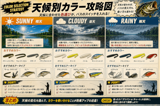 バス釣りの天候別カラー図。晴れ・曇り・雨に合わせたおすすめルアーカラーを比較。