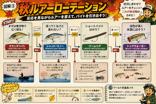 秋バス攻略で効果的なルアーローテーションの順番と使い分けを解説した図解