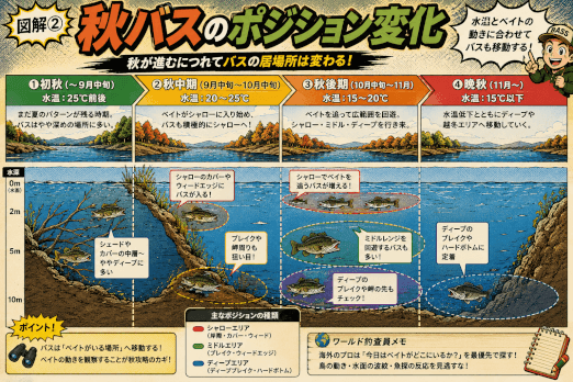 秋バスのポジション変化を初秋・秋中期・晩秋ごとの居場所で解説した図解