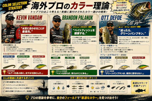 Kevin VanDam、Brandon Palaniuk、Ott DeFoeのカラー選び理論をまとめた図解。