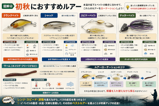 夏から秋の変わり目におすすめのルアーと使い分けを紹介した図解