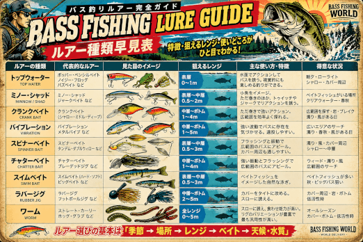 バス釣りルアーの種類と特徴・狙うレンジ・得意な状況をまとめた早見表