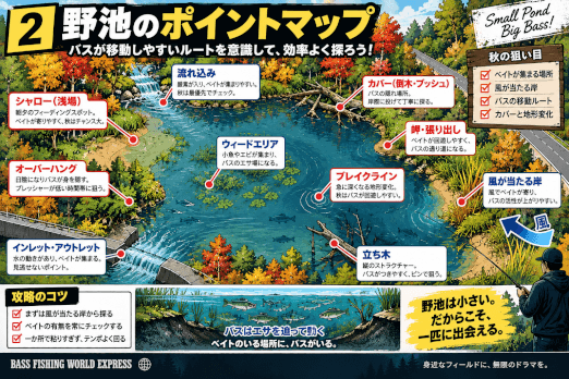 秋の野池でバスを狙うポイントをシャロー・流れ込み・カバー・ブレイクライン・風が当たる岸から解説したマップ