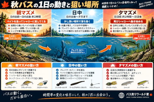秋バスの朝マズメ・日中・夕マズメの移動と狙うポイントを解説した図解