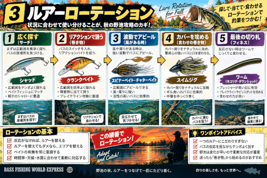 秋の野池攻略で使うシャッド・クランクベイト・スピナーベイト・スイムジグ・ワームのルアーローテーション図解