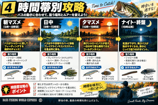 秋の野池バス釣りを朝・昼・夕方の時間帯別に狙う場所とおすすめルアーで解説した図解