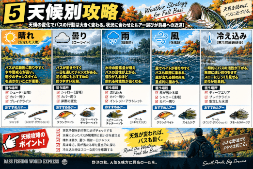 秋の野池バス釣りを晴れ・曇り・雨・風など天候別に狙う場所とおすすめルアーで解説した図解