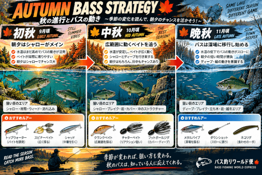 秋バスの朝夕マズメ攻略を初秋・中秋・晩秋の季節変化と狙い方で比較した図解