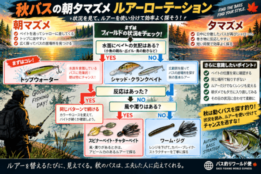 秋の朝夕マズメで使うトップ・シャッド・クランク・スピナーベイト・ワームのルアーローテーション図解