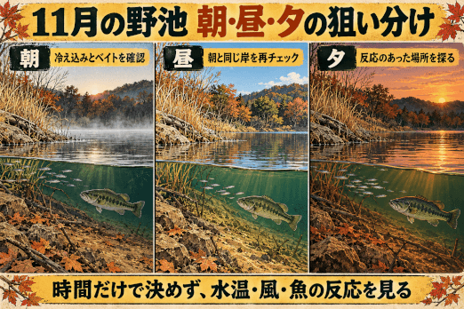 11月の野池の時間帯別攻略。朝は冷え込みとベイトを確認し、昼は同じ岸を再確認、夕方は反応のあった場所を探る