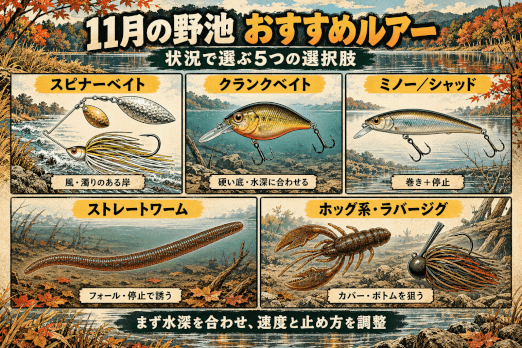 11月の野池に使うルアーの候補と役割。スピナーベイト、クランク、ミノー・シャッド、ストレートワーム、ホッグ系・ラバージグ