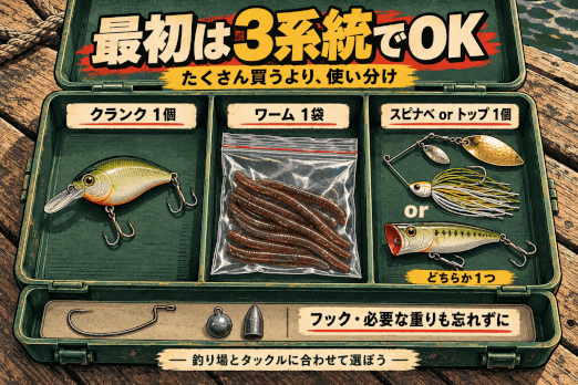 最初にそろえるルアーセット例。クランク1個、ワーム1袋、スピナーベイトまたはトップ1個に、フックと必要な重りを組み合わせる