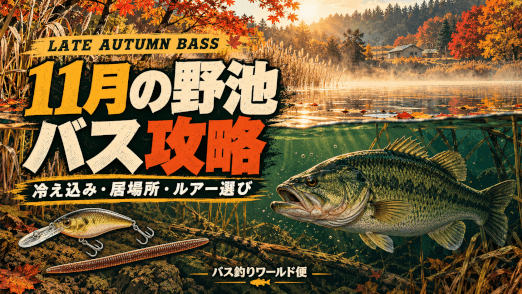 紅葉した11月の野池と水中のブラックバス、クランクベイトとワームを描いた晩秋バス攻略のイラスト