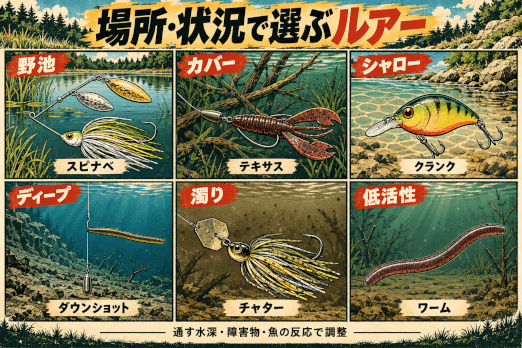 場所・状況別のルアー候補。野池はスピナベ、カバーはテキサス、シャローはクランク、ディープはダウンショット、濁りはチャター、低活性はワーム