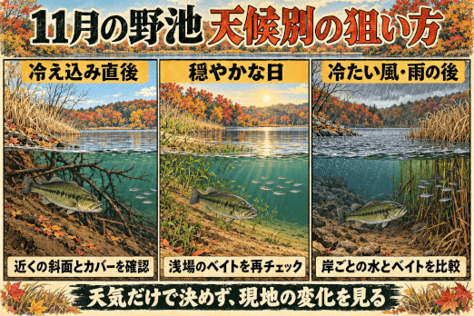 冷え込み直後は近くの斜面とカバー、穏やかな日は浅場のベイト、冷たい風雨の後は岸ごとの水とベイトを確認する図