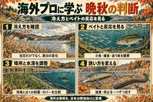 晩秋の野池攻略を組み立てる4段階。数日間の冷え方とベイトの反応を確認し、場所・水深、速度・停止を順に調整する