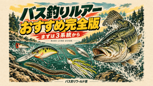 ブラックバスとクランクベイト、ワーム、スピナーベイトなどを描いた「バス釣りルアーおすすめ完全版」のイラスト