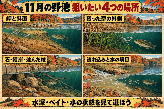11月の野池で確認したい4つの場所。岬と斜面、残った草の外側、石・護岸・沈んだ枝、流れ込みと水の境目